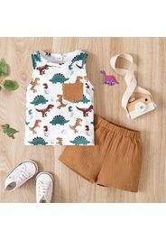 2pcs Baby Boy Allover Dinosaur Print Sleeveless Tank Top and Solid Crepe Shorts Set