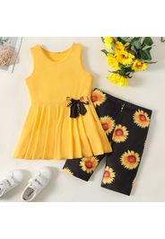 2pcs Kid Girl Bowknot Design Sleeveless Tee and Floral Print Leggings Shorts Set