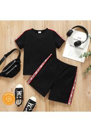 2pcs Kid Boy Letter Print Webbing Short-sleeve Black Cotton Tee and Shorts Set