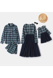 Family Matching Long-sleeve Button Down Blue Mesh Splicing Plaid Dresses and Shirts Sets