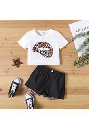 2pcs Toddler Girl Leopard Print Short-sleeve White Tee and Denim Shorts Set