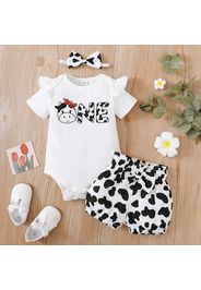 3pcs Baby Girl Cow Print Short-sleeve Romper and Bloomers Shorts with Headband Set