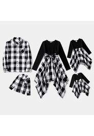 Family Matching Long-sleeve Solid Spliced Plaid Asymmetric Hem Dresses and Button Up Shirts Sets