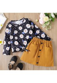 2pcs Kid Girl Floral Print Tie Knot Long-sleeve Tee and Button Pocket Design Skirt Set