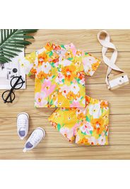 2pcs Baby Boy All Over Floral Print Yellow Short-sleeve Button Up Shirt and Shorts Set