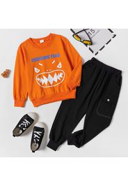 2-piece Kid Boy Letter Funny Emoji Print Pullover Sweatshirt and Pocket Design Black Pants Set