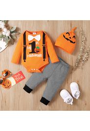 Halloween 3pcs Letter and Pumpkin Print Bowknot Baby Romper Set