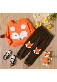 2-piece Toddler Girl Fuzzy Fox Design Orange Sweatshirt and Elasticized Black Pants Set