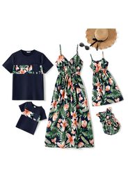 Family Matching All Over Floral Print V Neck Spaghetti Strap Midi Dresses and Splicing Short-sleeve T-shirts Sets