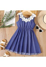 Kid Girl Floral Lace Design Sleeveless High Low Denim Dress