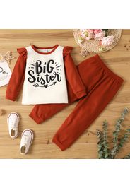 2-piece Toddler Girl Letter Print Ruffled Long-sleeve Top and Solid Color Pants Set