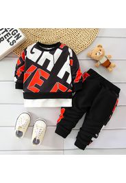 2pcs Baby Boy All Over Letter Print Long-sleeve Pullover Sweatshirt and Joggers Pants Set