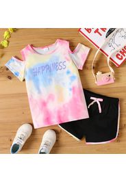 2-piece Kid Girl Letter Print Tie Dyed Cold Shoulder Tee and Bowknot Design Dolphine Shorts Set