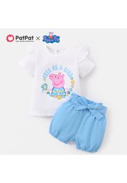 Peppa Pig 2pcs Toddler Girl Floral Print Ruffled Short-sleeve White Cotton Tee and Belted Blue Shorts Set