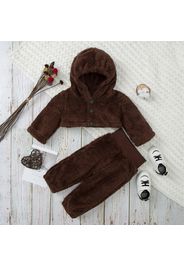 Baby 2pcs Brown Fuzzy Fleece Long-sleeve Hooded Crop Outwear and Trousers Set