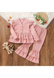 2-piece Toddler Girl Ruffled Cable Textured Layered Button Design Cardigan and Flared Pants Pink Set