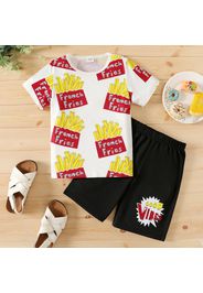 2pcs Kid Boy Fast Food Print Short-sleeve White Tee and Letter Print Black Shorts Set