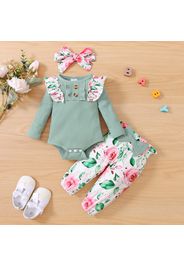 3pcs Baby Red Ribbed Long-sleeve Ruffle Romper and Rose Floral Print Bowknot Trousers Set