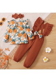 3-piece Toddler Girl Floral Print Ruffled Long-sleeve Top, Bowknot Design Overalls and Headband Set