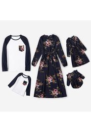 Family Matching All Over Floral Print Dark Blue Belted Midi Dresses and Raglan-sleeve T-shirts Sets