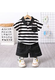 2pcs Toddler Boy Trendy Black Denim Jeans Shorts and Pocket Design Stripe Polo Shirt Set