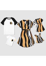 Family Matching Striped V Neck Short-sleeve Belted Dresses and Raglan-sleeve T-shirts Sets