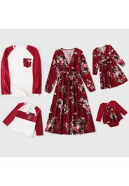 Family Matching Allover Floral Print Long-sleeve Belted Dresses and Color Block T-shirts Sets