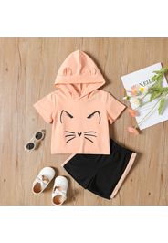 2-piece Toddler Girl Cat Print Hooded Short-sleeve Tee and Colorblock Elasticized Shorts Set
