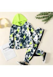 2pcs Kid Boy Tie Dyed Colorblock Hoodie Sweatshirt and Pants Set