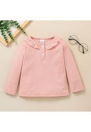 Toddler Girl Ruffled Button Design Solid Color Long-sleeve Tee