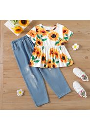 2-piece Kid Girl Floral Print Short-sleeve Tee and Ripped Denim Jeans Set