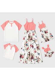 Family Matching Pink Spaghetti Strap Splicing Floral Print Midi Dresses and Raglan-sleeve T-shirts Sets