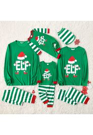 Christmas Elf Letter Print Green Family Matching Long-sleeve Striped Pajamas Sets (Flame Resistant)