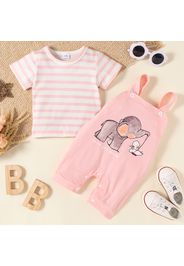 2pcs Baby Boy/Girl Cartoon Elephant Print Overalls and Striped Short-sleeve T-shirt Set