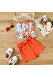 2pcs Toddler Girl Floral Print Camisole and Belted Orange Shorts Set