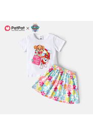 PAW Patrol 2pcs Toddler Girl Letter Print Short-sleeve White Cotton Tee and Dog Paw Print Skirt Set