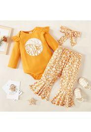 3pcs Baby Girl Letter Print Yellow Ruffle Long-sleeve Ribbed Romper and Floral Bell Bottom Pants Set