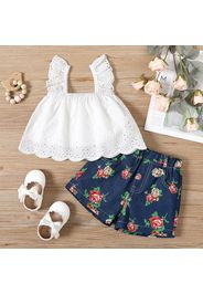 2pcs Baby Girl 95% Cotton Hollow Out Flutter-sleeve Top and Floral Print Denim Shorts Set