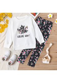 2-piece Kid Girl Letter Floral Print White Pullover Sweatshirt and Elasticized Pants Set