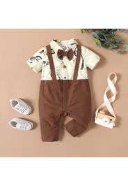 Baby Boy 100% Cotton Solid Bow Tie Spliced Animal & Plant Print Short-sleeve Jumpsuit