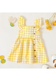 Toddler Girl Button Design Lemon Print/Plaid Flutter-sleeve Dress