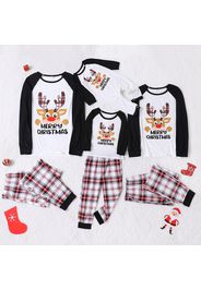 Christmas Cartoon Deer and Letter Family Matching Raglan Long-sleeve Plaid Pajamas Sets (Flame Resistant)