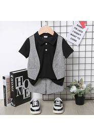 2pcs Toddler Boy  Gentleman Suit, Faux-two Vest Design Short-sleeve Polo Shirt and Gery Shorts Set