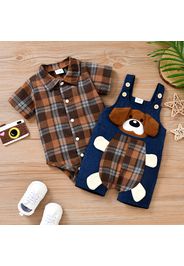 100% Cotton 2pcs Baby Boy Plaid Short-sleeve Romper and Cartoon Dog 3D Ears Overall Shorts Set