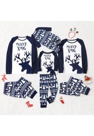 Christmas Reindeer and Letter Print Dark Blue Family Matching Raglan Long-sleeve Pajamas Sets (Flame Resistant)