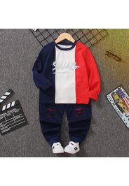 2pcs Kid Boy Letter Print Colorblock Pullover Sweatshirt and Ripped Pants Set