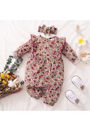 2pcs Baby Floral Print Ruffle Long-sleeve Baby Corduroy Jumpsuit Set