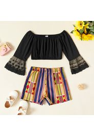 2-piece Toddler Girl Off Shoulder Lace Bell sleeves and Exotic Boho Shorts Set