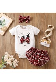 3pcs Baby Girl Cotton Short-sleeve Rabbit Print Bowknot Romper and Floral Print Ruffle Shorts with Headband Set