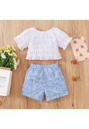 2pcs Baby Girl Solid Shirred Short-sleeve Top and Floral Print Shorts Set